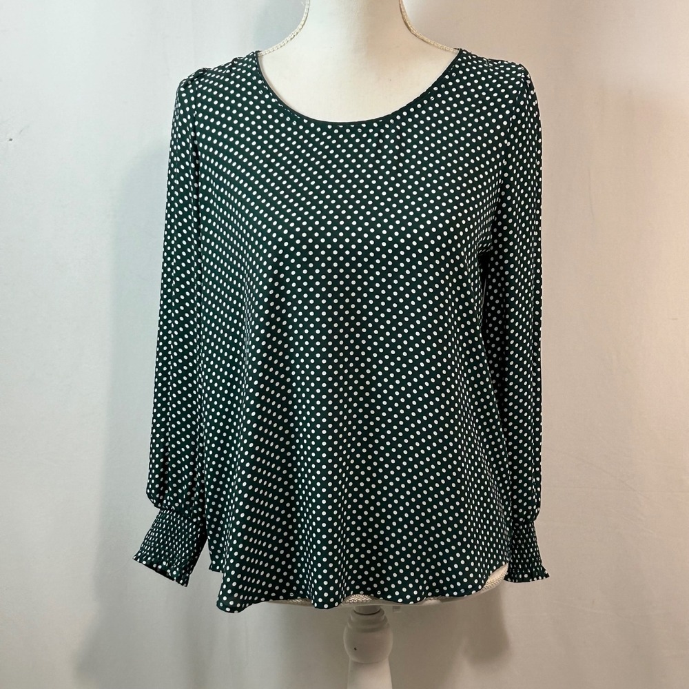 LOFT Petites Green Polka Dot Long‎ Sleeve Smocked Cuff Blouse Top
